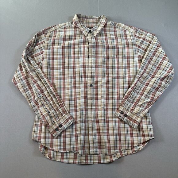 Vintage Eddie Bauer Mens XL Flannel Button Up Shirt Beige Plaid Long Cotton - Picture 1 of 4